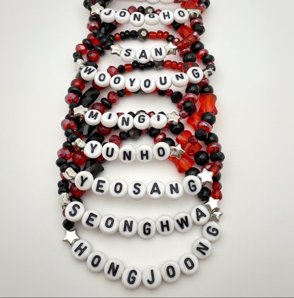 Ateez Atiny Inspired Beaded Crystal Red, Black Bias Bracelets