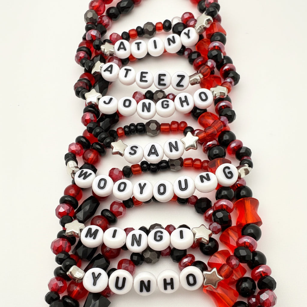 Ateez Atiny Inspired Beaded Crystal Red, Black Bias Bracelets