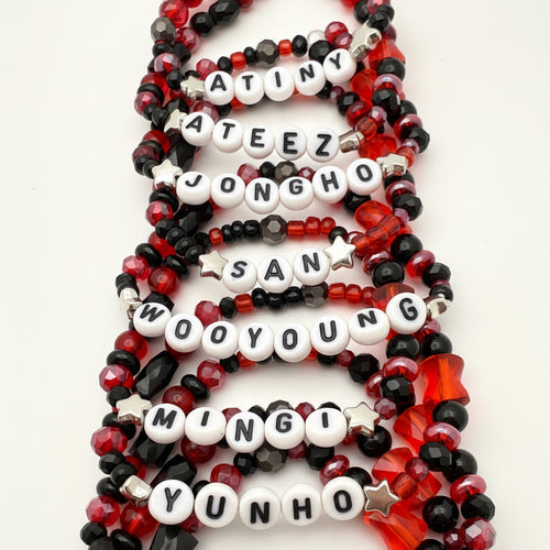 Ateez Atiny Inspired Beaded Crystal Red, Black Bias Bracelets