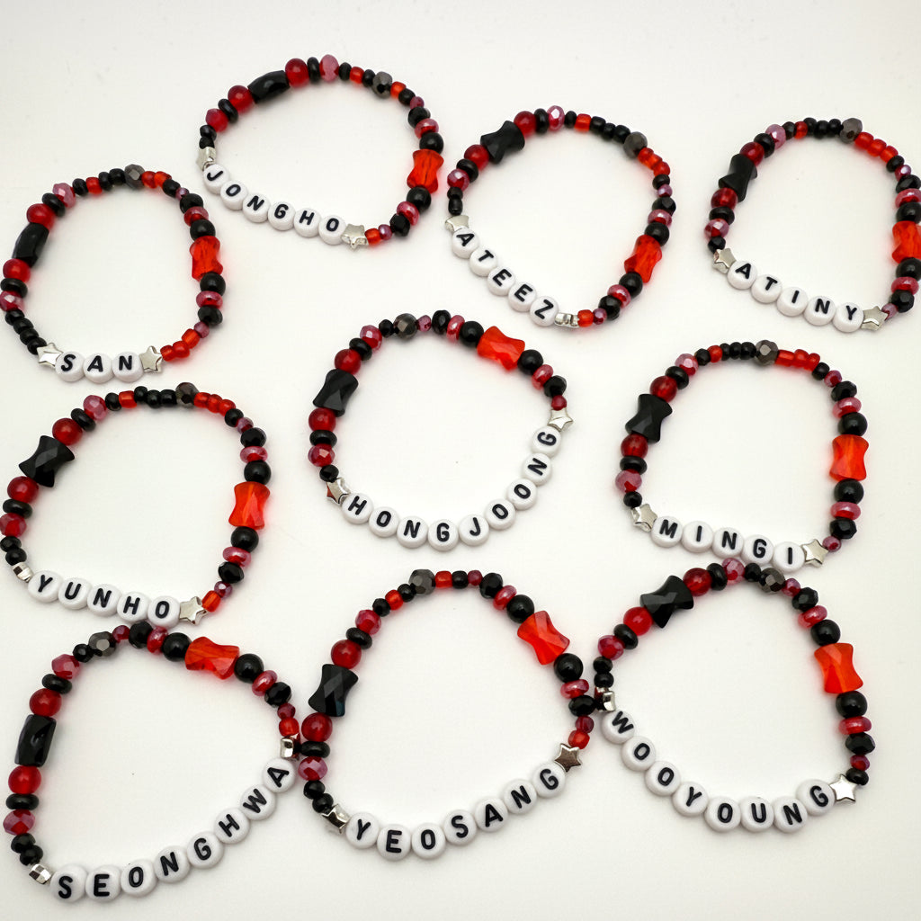 Ateez Atiny Inspired Beaded Crystal Red, Black Bias Bracelets
